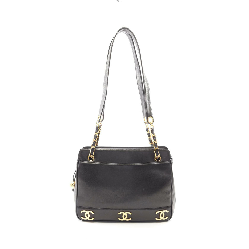 Chanel Triple Coco Mark Tote Bag Lambskin Leather Black